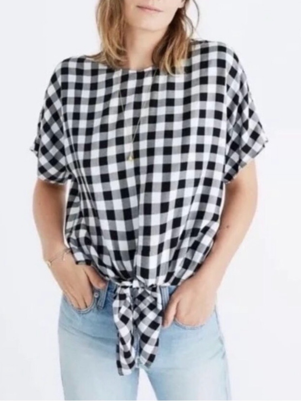 Madewell Black and White Gingham Tie-Front Blouse